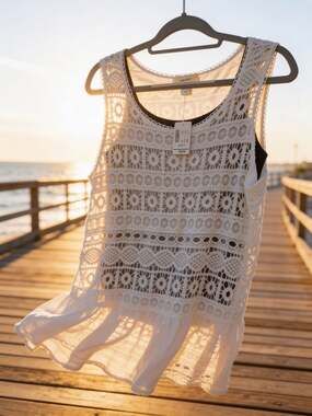 NWT CJ Banks White Geometric Crochet Lace Sleeveless Shell Tank Top 1X